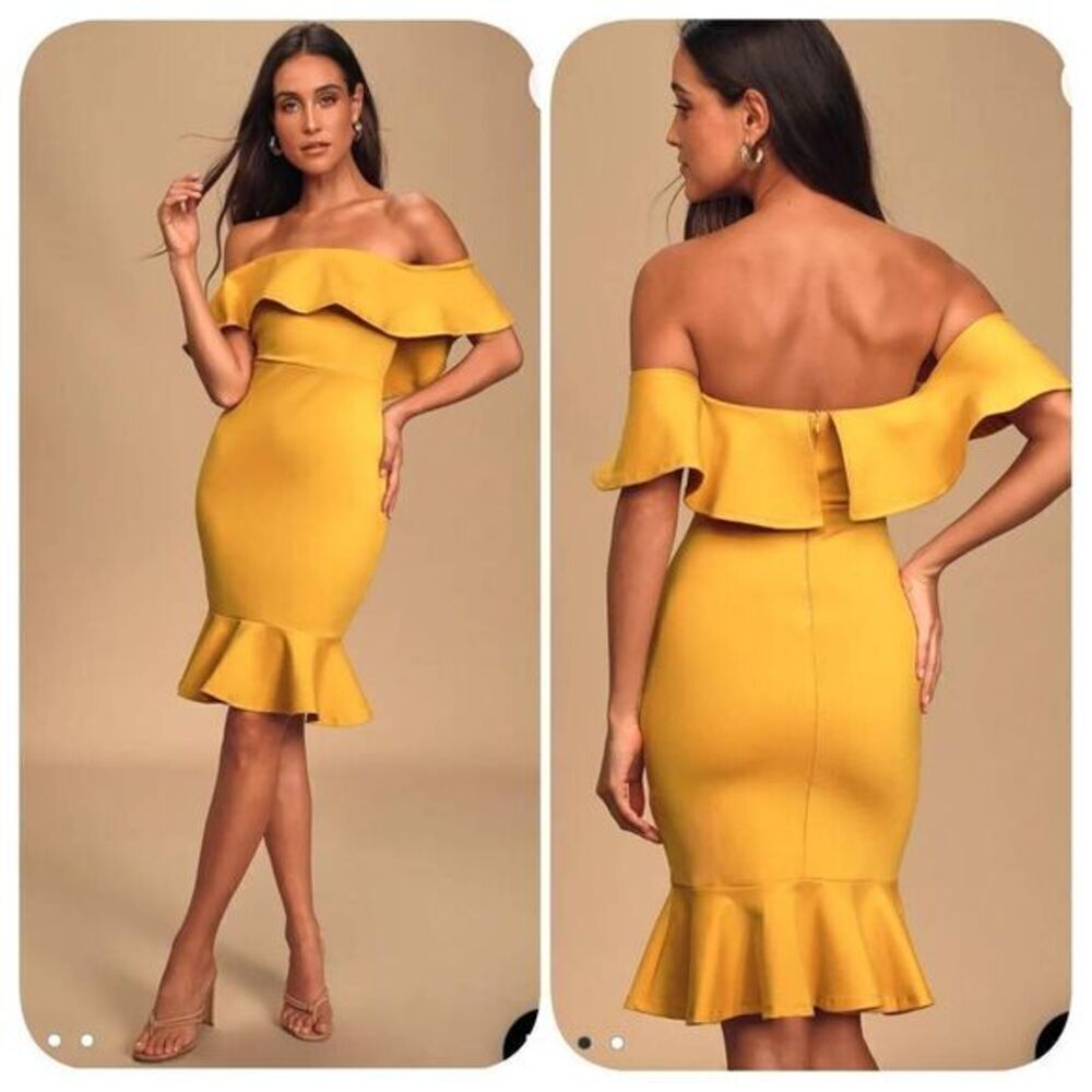 NWOT Lulu's Confidence Boost Mustard Yellow Off-the-Shoulder Bodycon Dress Sz XS